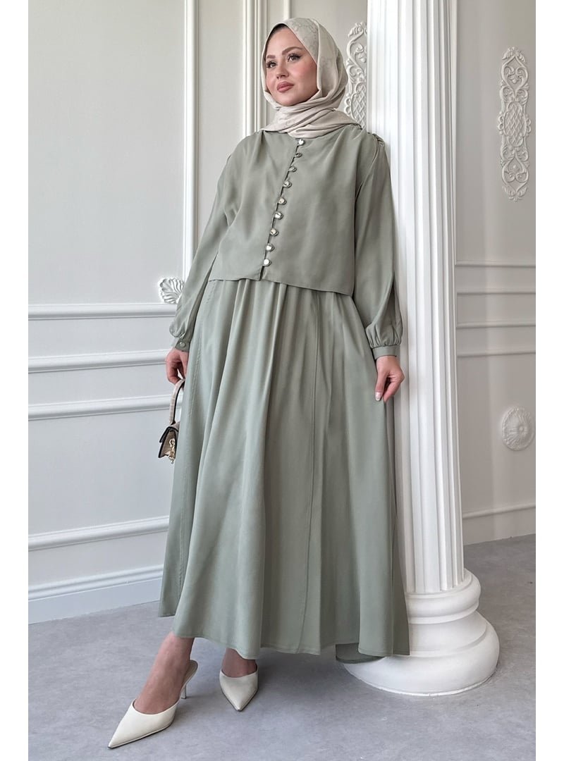 InStyle Düğmeli Tencel Etekli Mint Takım