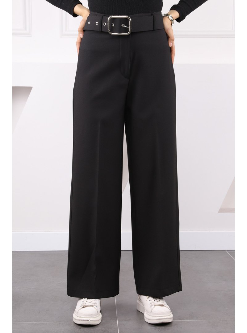 İmaj Butik Siyah Bol Paça Kemerli Pantolon