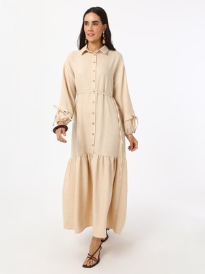 Refka Keten Görünümlü Boydan Düğmeli Elbise Tas Rengi