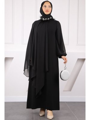 İmaj Butik Siyah Büyük Beden Yaka Taş Detaylı Abiye
