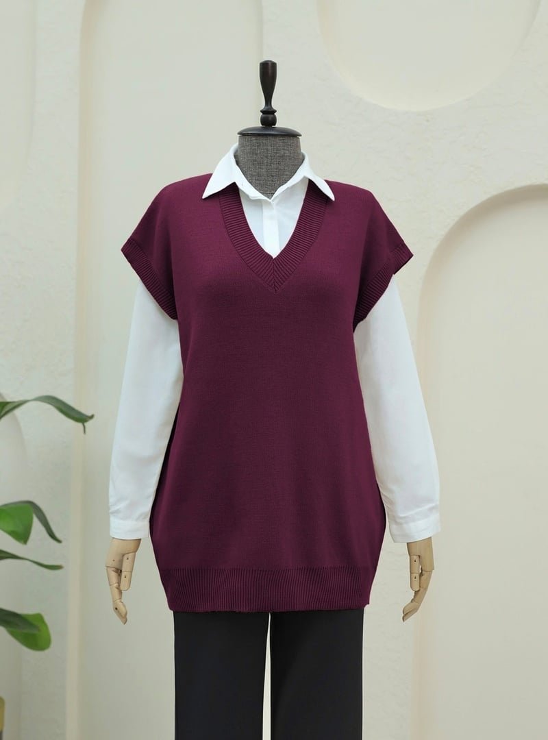 Podyumplus Bordo V Yaka Oversize Triko Süveter