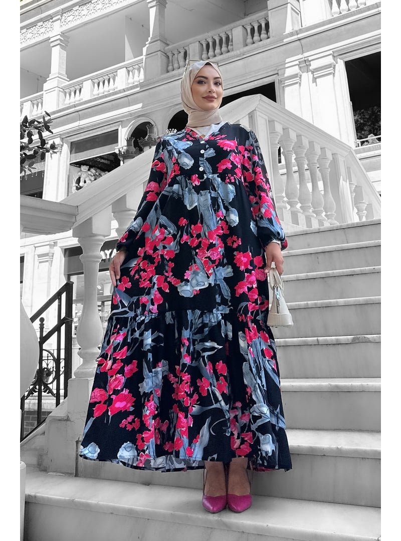Liz Butik Fuşya Beymen Desenli Viskon Elbise