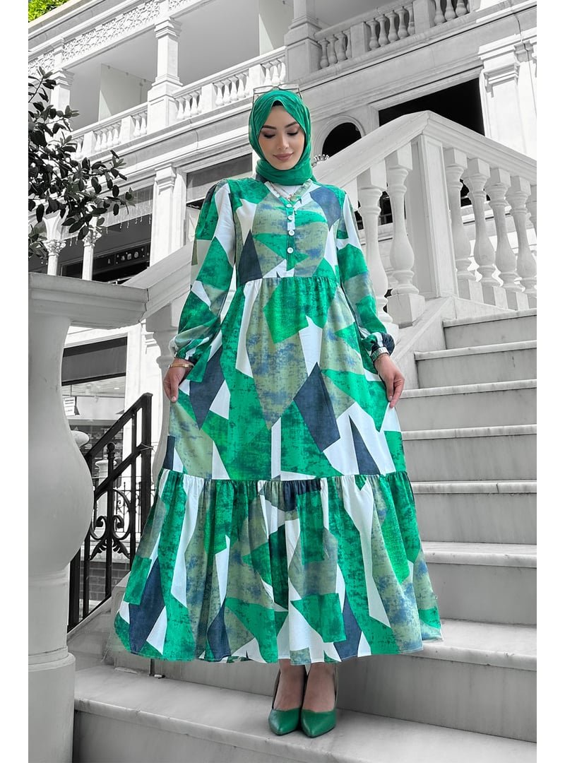 Liz Butik Yeşil Alya Desenli Viskon Elbise