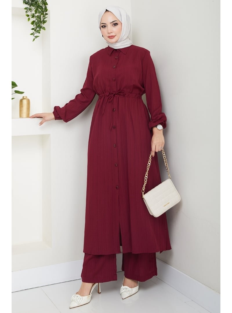 InStyle Uzun Tunikli Pantolonlu Kaş Bordo Takım