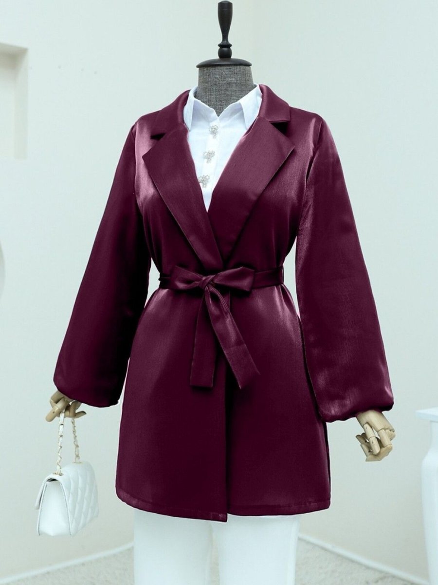 HİJABAYA Bordo Kolları Volanlı Bağcıklı Saten Ceket