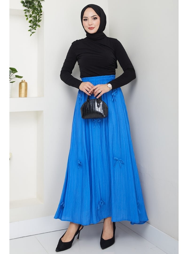 InStyle Fiyonk Detay Beli Lastikli Saks Mavisi Etek