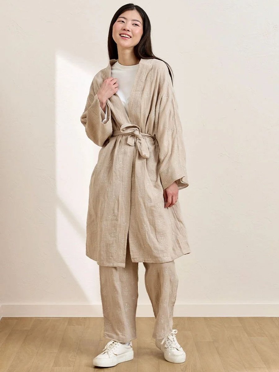 Ceylan Otantik Vizon Fistolu Müslin Uzun Kimono & Pantolon Takım