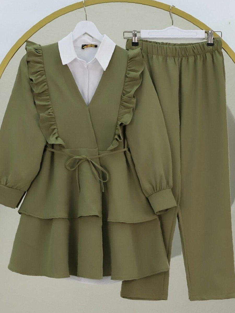 HİJABAYA Haki Önü Fırfırlı Bağcıklı Eteği Katlı Pantolonlu Kimono İkili Takım
