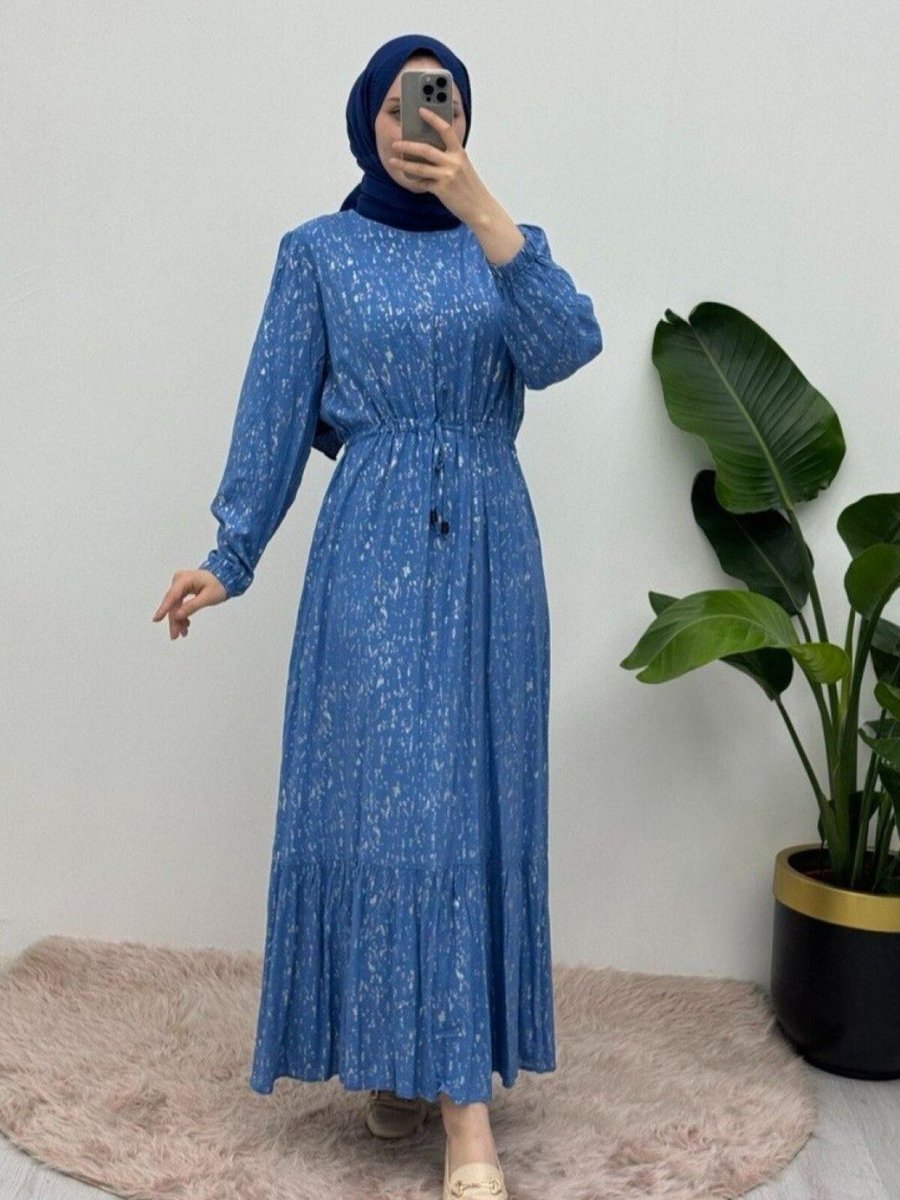 HİJABAYA Mavi Kırçıllı Belden Büzgülü Elbise
