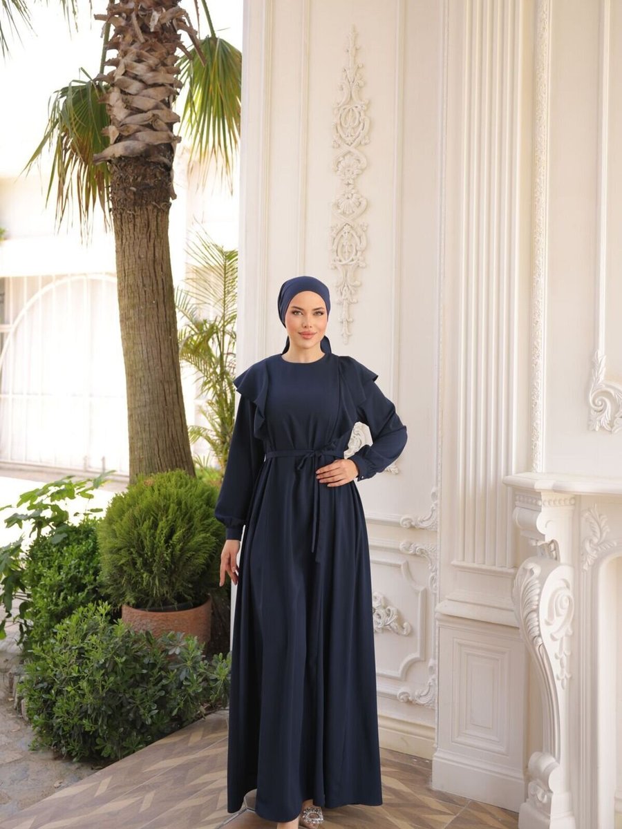 Nissra Lacivert Ankanoor Omuz Volanlı Elbise