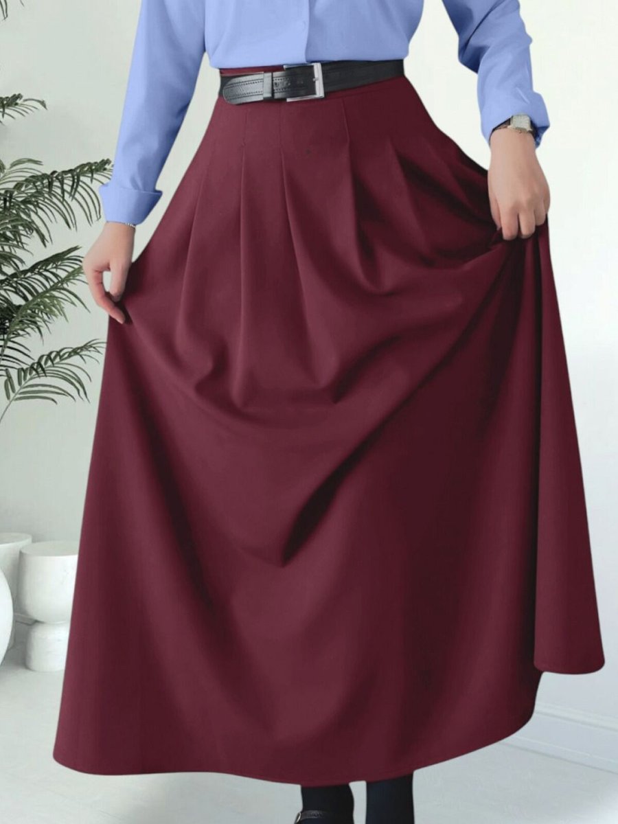 HİJABAYA Bordo Uzun Piliseli Cepli Kloş Etek HİJABAYA Bordo Uzun Piliseli Cepli Kloş Etek