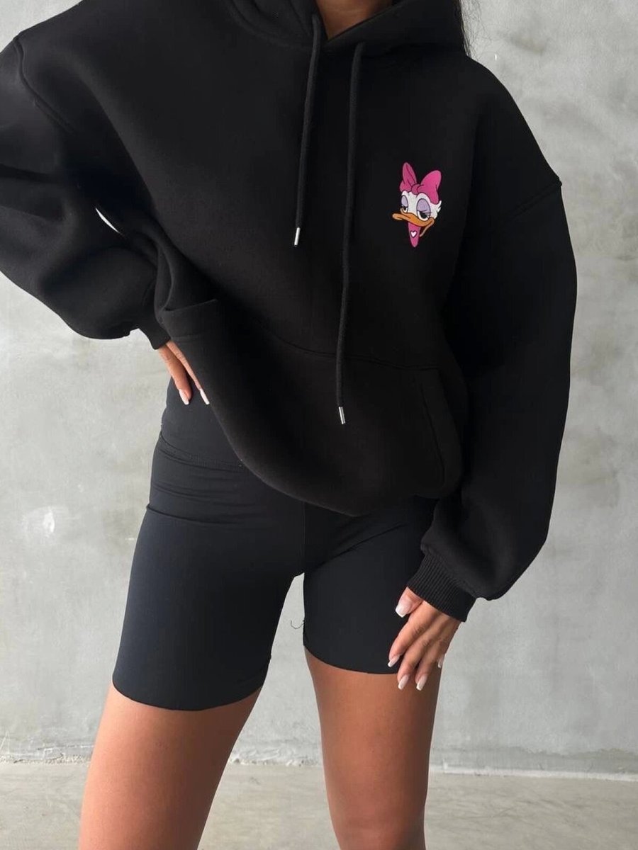 Özer&Hermin Siyah İplik Şardonlu Oversize Compact Ördek Baskılı Sweat
