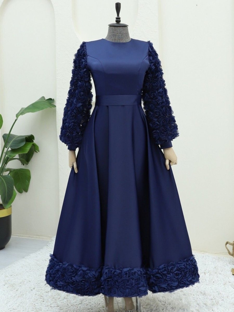 HİJABAYA Lacivert Eteği Ve Kolları Gül Detaylı Saten Abiye Elbise