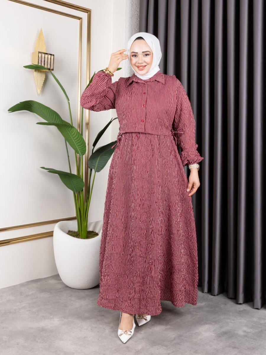 SFG Life Moda Bordo Çizgili Viskon Kıraş Gömlek Elbise