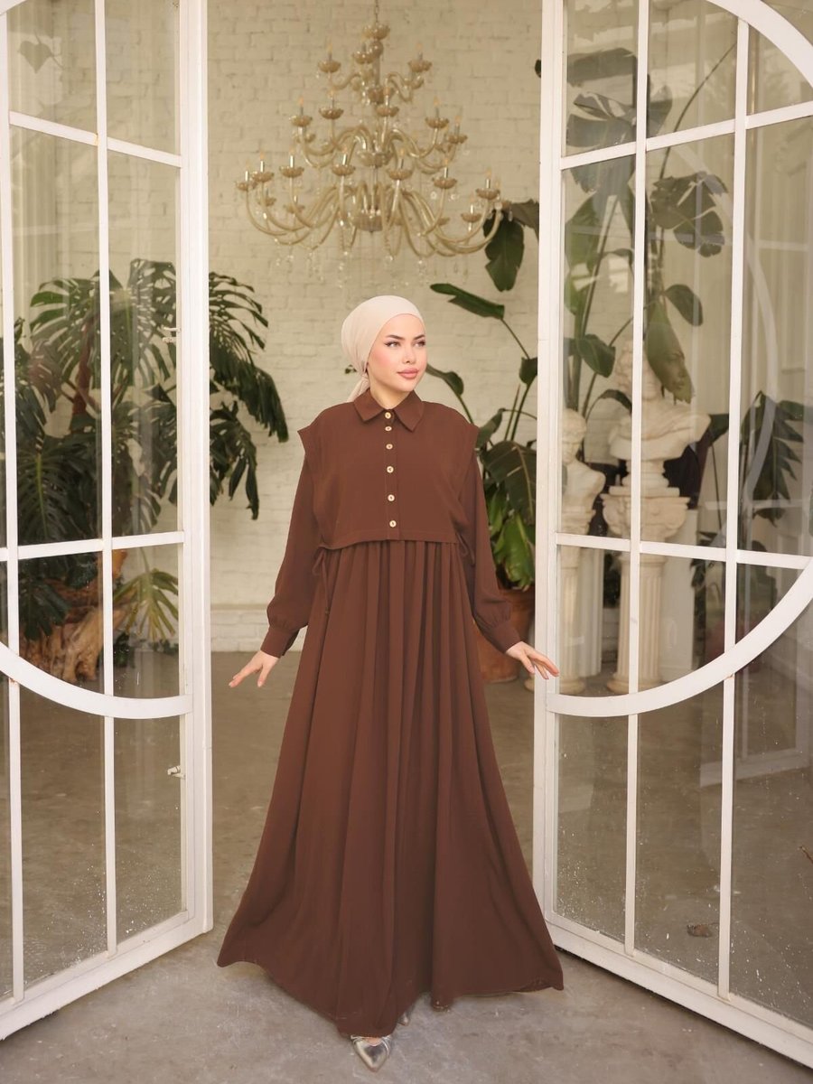 Nissra Kahverengi Ankanoor Önlüklü Medine İpeği Elbise