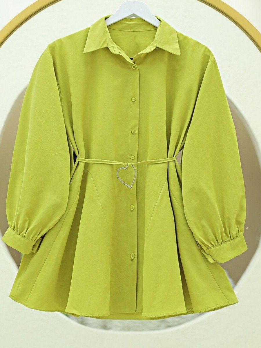 HİJABAYA Yağ Yeşili Parça Kumaşlı Düğmeli Poplin Tunik