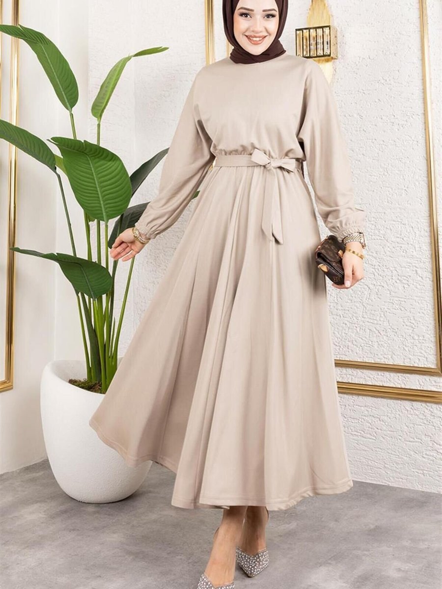 Mec Fashion Vizon Beli Büzgülü Kemerli Elbise
