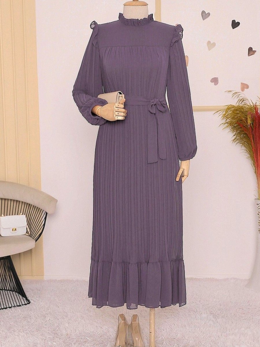 HİJABAYA Lila Önü Robalı Kolları Ve Bedeni Piliseli Elbise