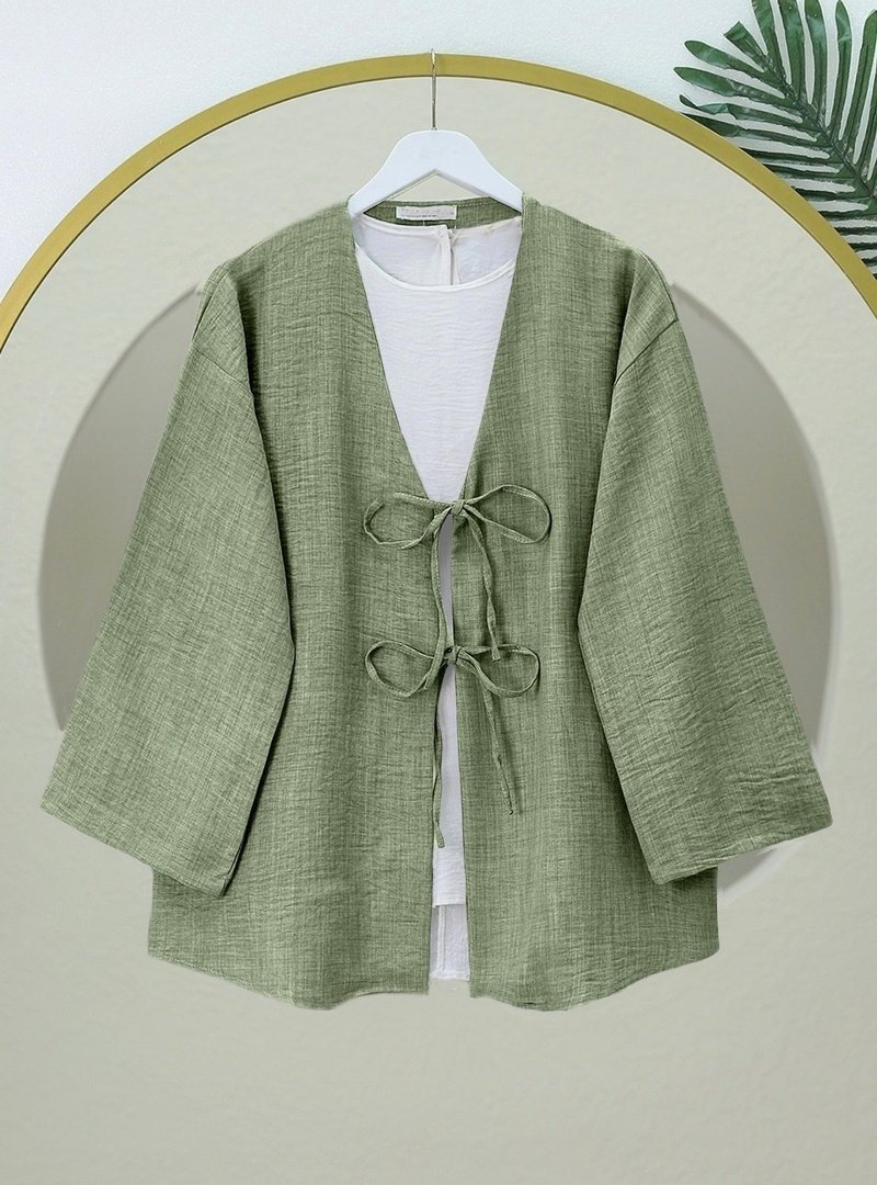 Podyumplus Haki Önü Bağcıklı Keten Kimono