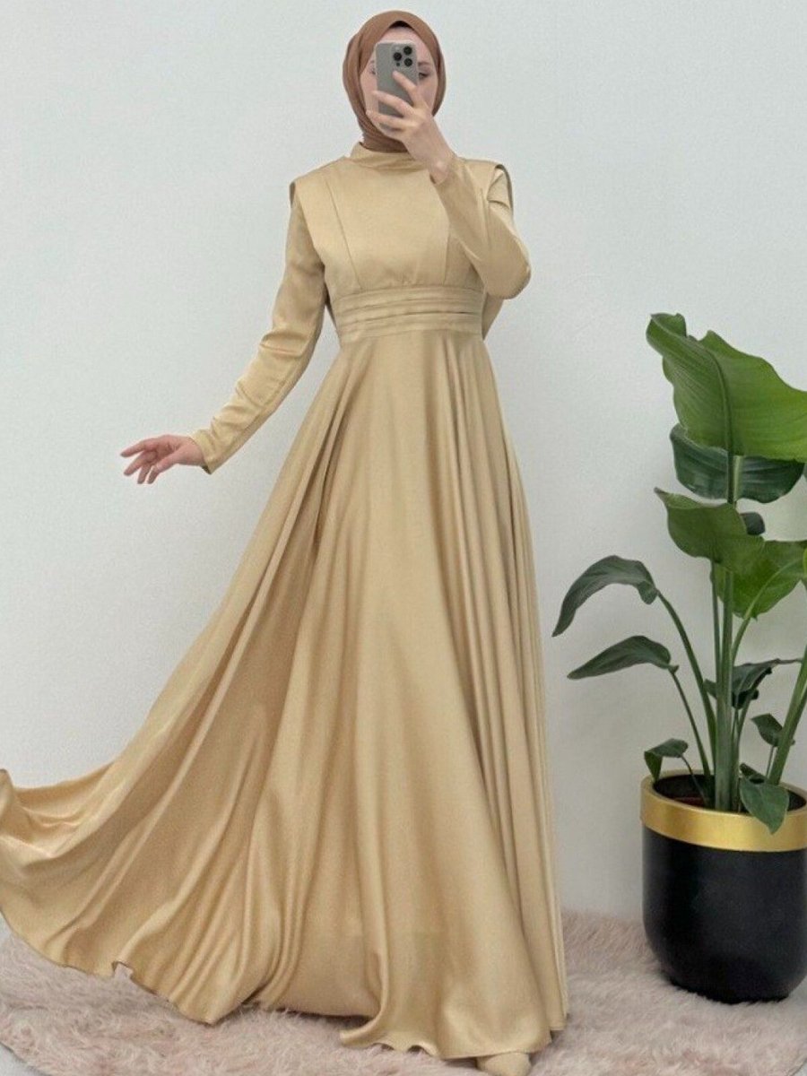 HİJABAYA Sarı Beli Plise Detaylı Önü Çift Kat Saten Abiye Elbise