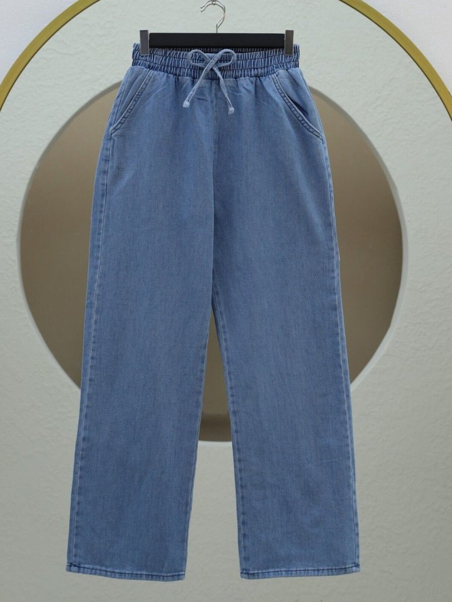 HİJABAYA Mavi Beli Lastikli Cepli Bol Paça Kot Pantolon