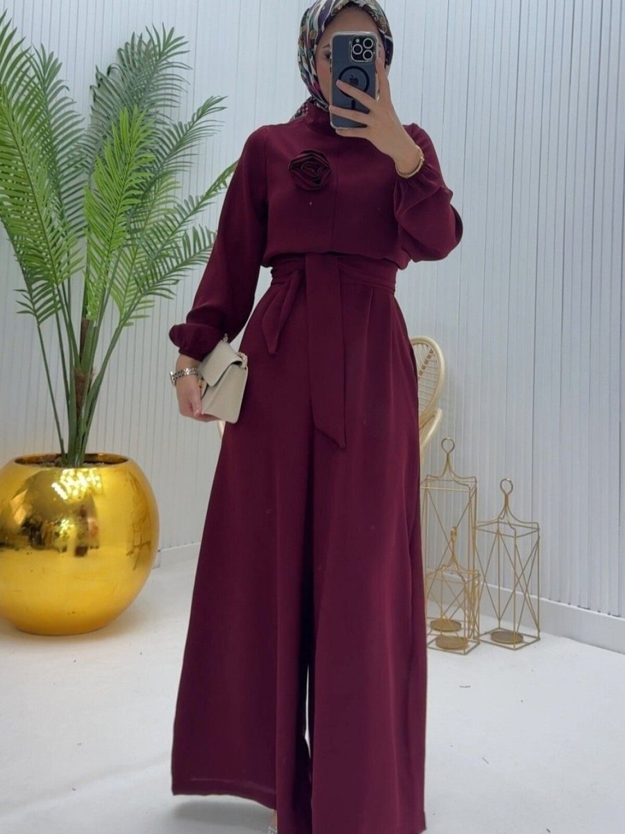 HİJABAYA Bordo Dik Yaka Kemerli Güllü Tulum