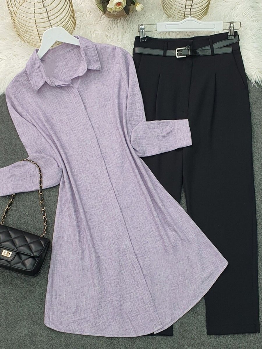 HİJABAYA Lila Boydan Gizli Düğmeli Keten Tunik