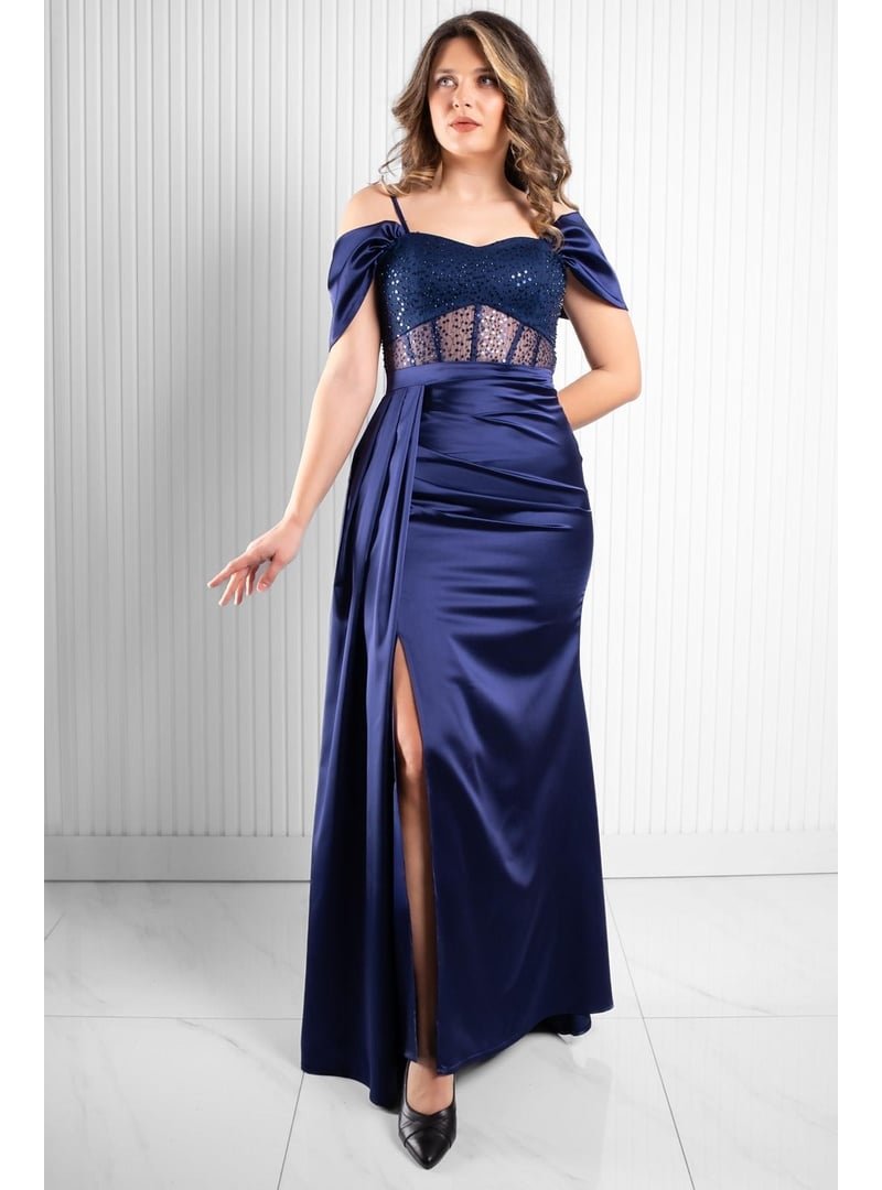 MFA Moda Lacivert Pul Payet Detaylı Saten Abiye