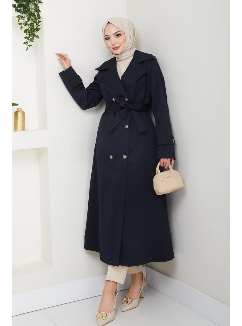 Harmatime butik Düğmeli Kuşaklı Lacivert Trençkot