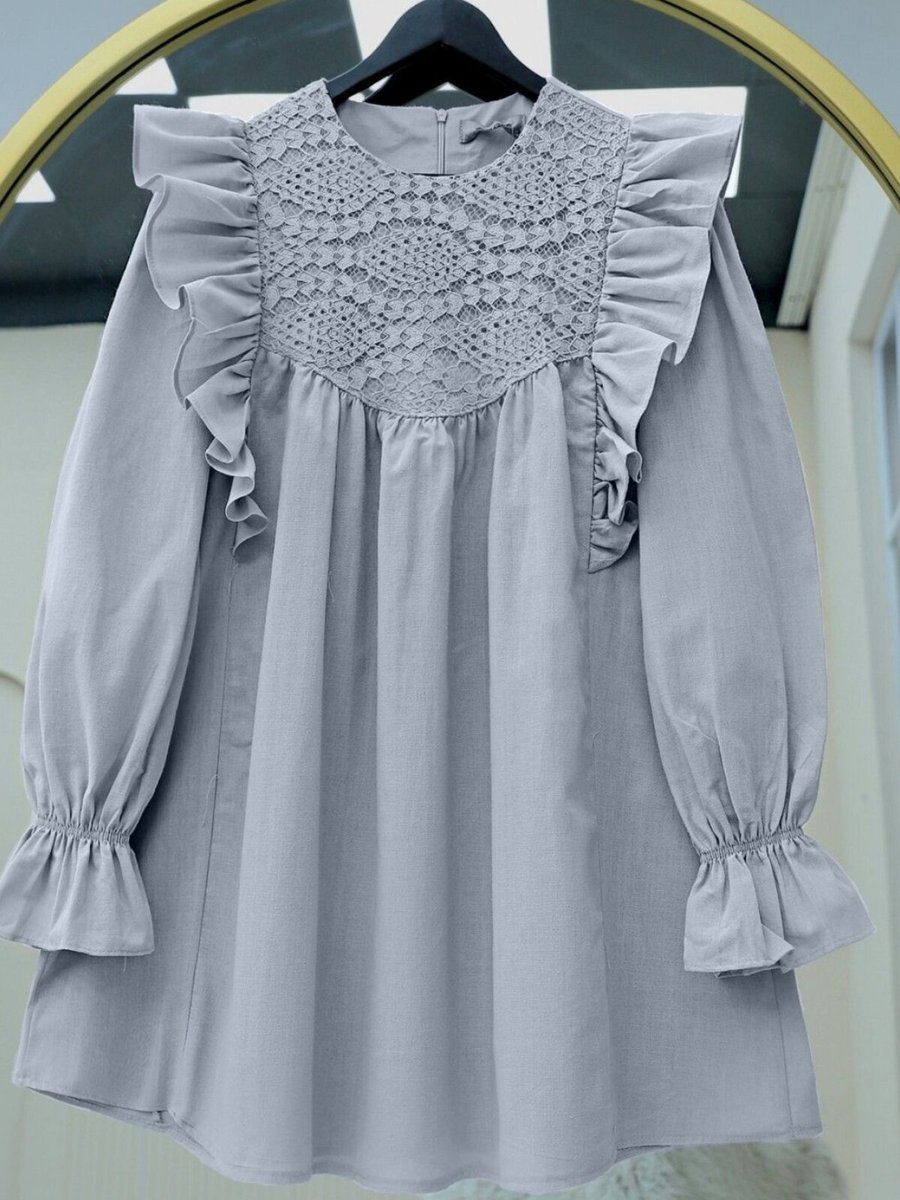 HİJABAYA Gri Omuz Fırfırlı Robası Dantel İşlemeli Poplin Tunik