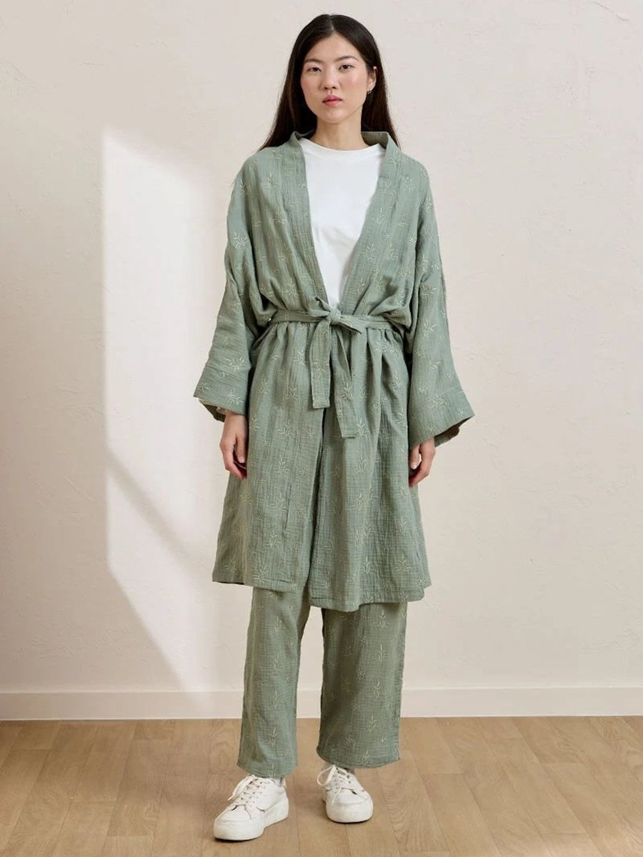 Ceylan Otantik Çağla Fistolu Müslin Uzun Kimono & Pantolon Takım