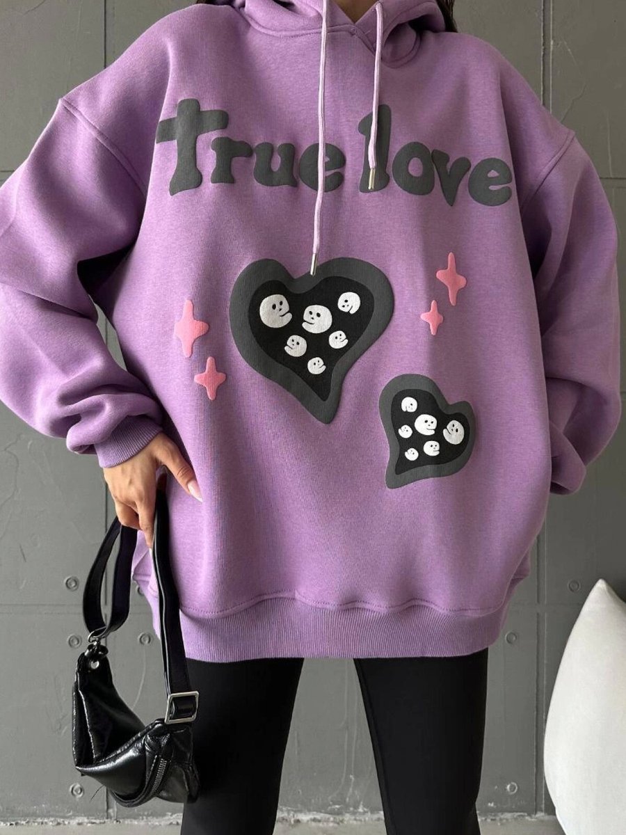 Özer&Hermin Mor İplik Şardonlu Oversize Compact True Baskılı Sweat