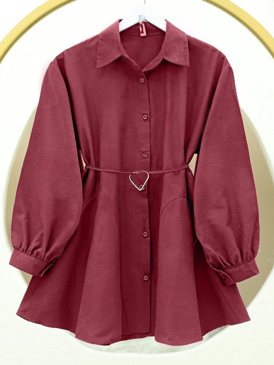 HİJABAYA Bordo Parça Kumaşlı Düğmeli Poplin Tunik