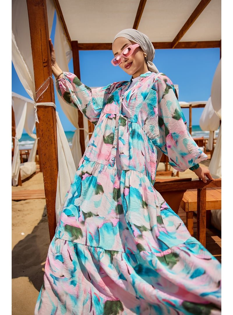 Locco Moda Mavi Renkli Desen Elbise