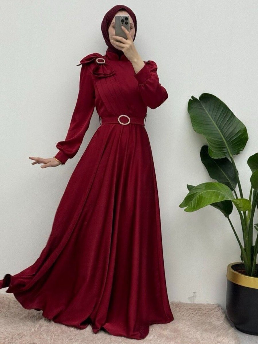 HİJABAYA Bordo Broşlu Fiyonklu Taşlı Kemerli Saten Abiye Elbise
