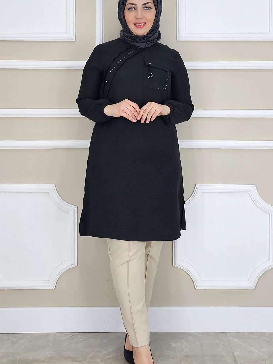 MYSTİL Siyah Aller Taş Detaylı Tunik