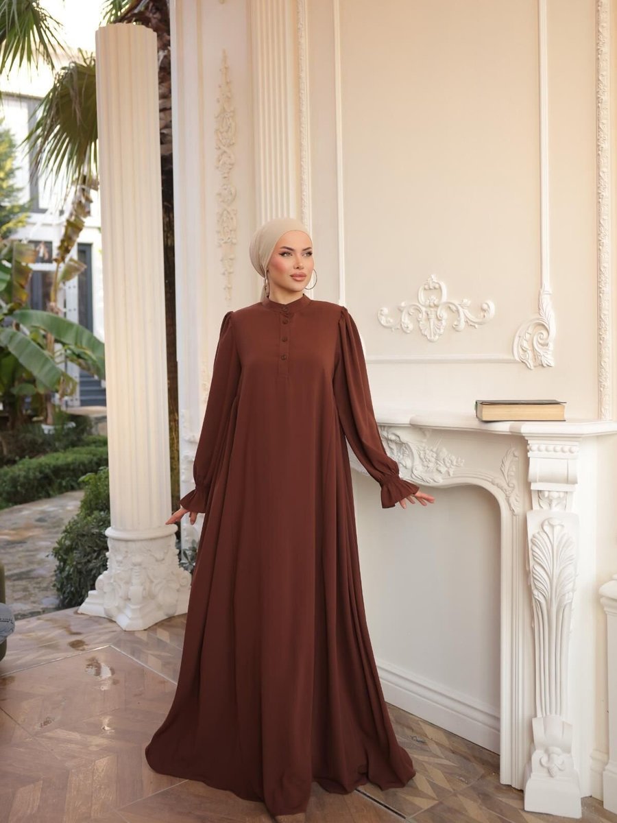 Nissra Kahverengi Ankanoor Yarım Pat Yandan Büzgülü Elbise