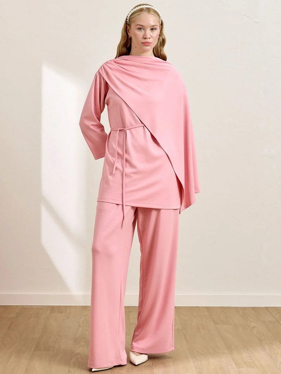 Ceylan Otantik Pembe Atkılı Tunik & Bol Paça Pantolon Takım