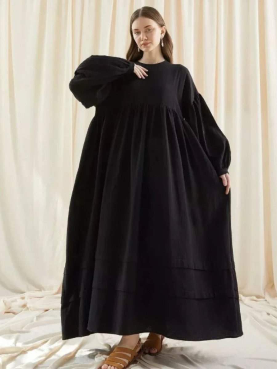 OlaLady Siyah Balon Kollu Eteği Çift Katlamalı Muslin Salaş Elbise