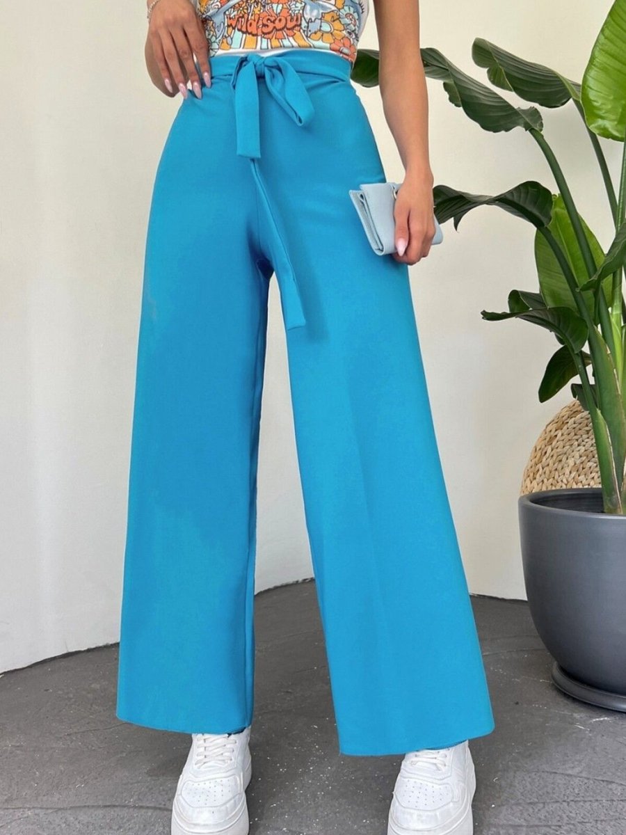 HİJABAYA Mavi Beli Bağcıklı Double Bol Paça Pantolon