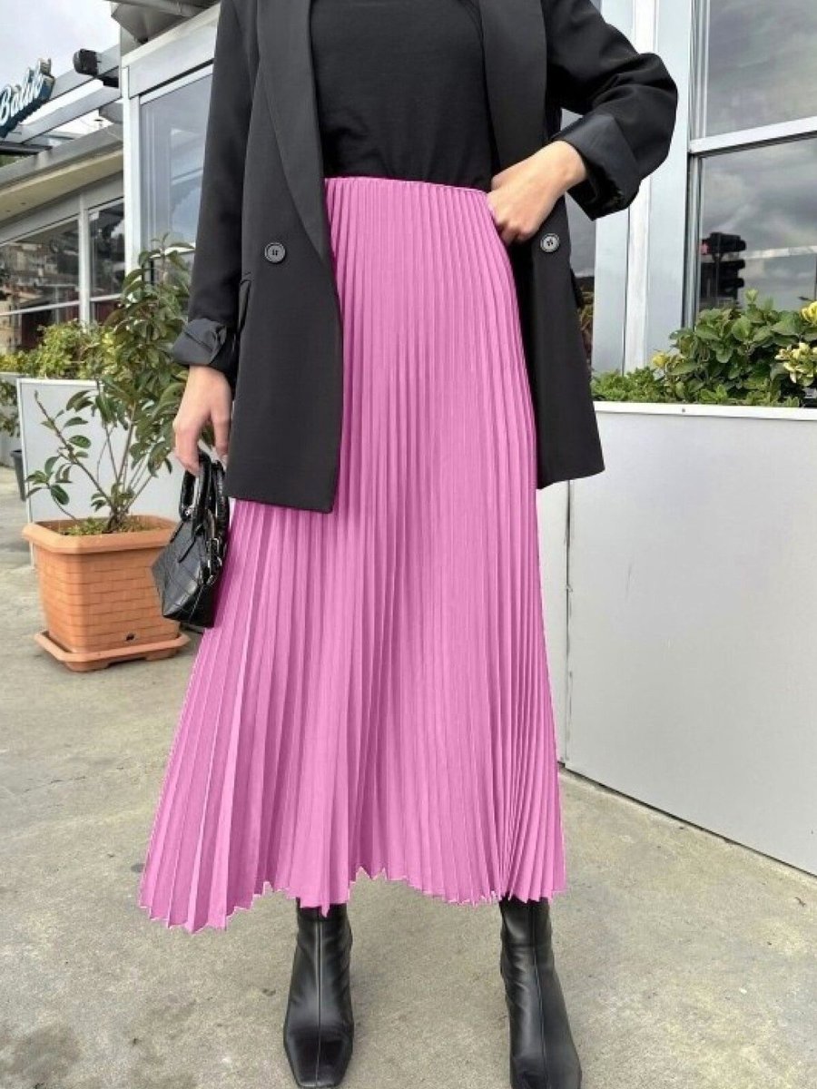 HİJABAYA Pembe Uzun Pliseli Beli Lastikli Etek