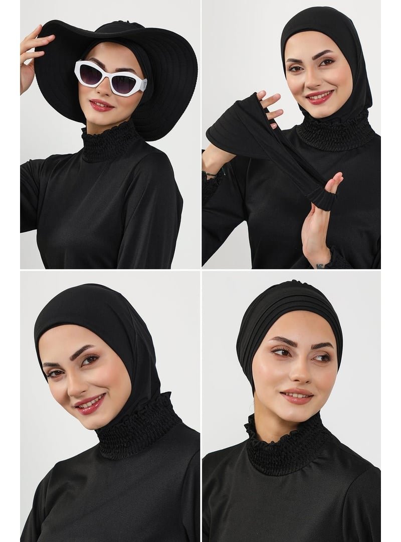 Aisha`s Design 2sn Siyah 4'lü Bone,siperlik Ve Şapka Seti (deniz,havuz) Yüzücü Bonesi,st