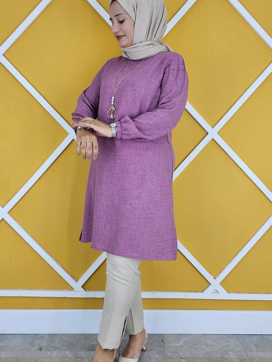 MYSTİL Gül Kurusu Omuz Taş Detaylı Kolyeli Tunik