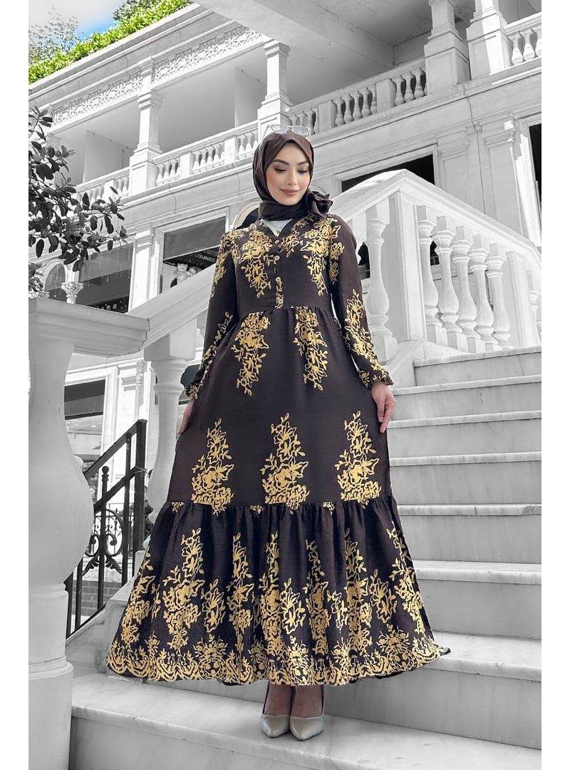 Liz Butik Kahverengi Sultan Desenli Viskon Elbise