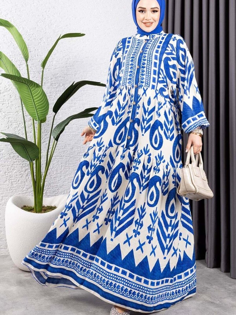 Mec Fashion Bej Etnik Desen Viskon Elbise