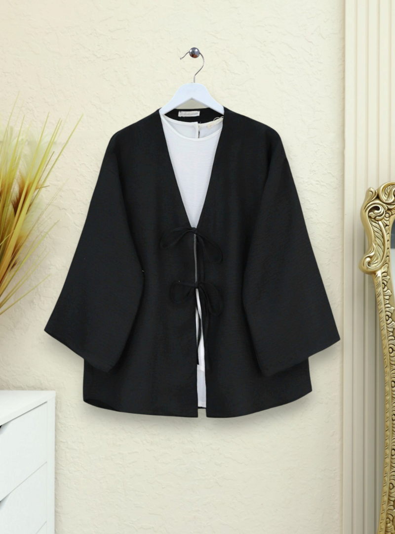 Podyumplus Siyah Önü Bağcıklı Keten Kimono