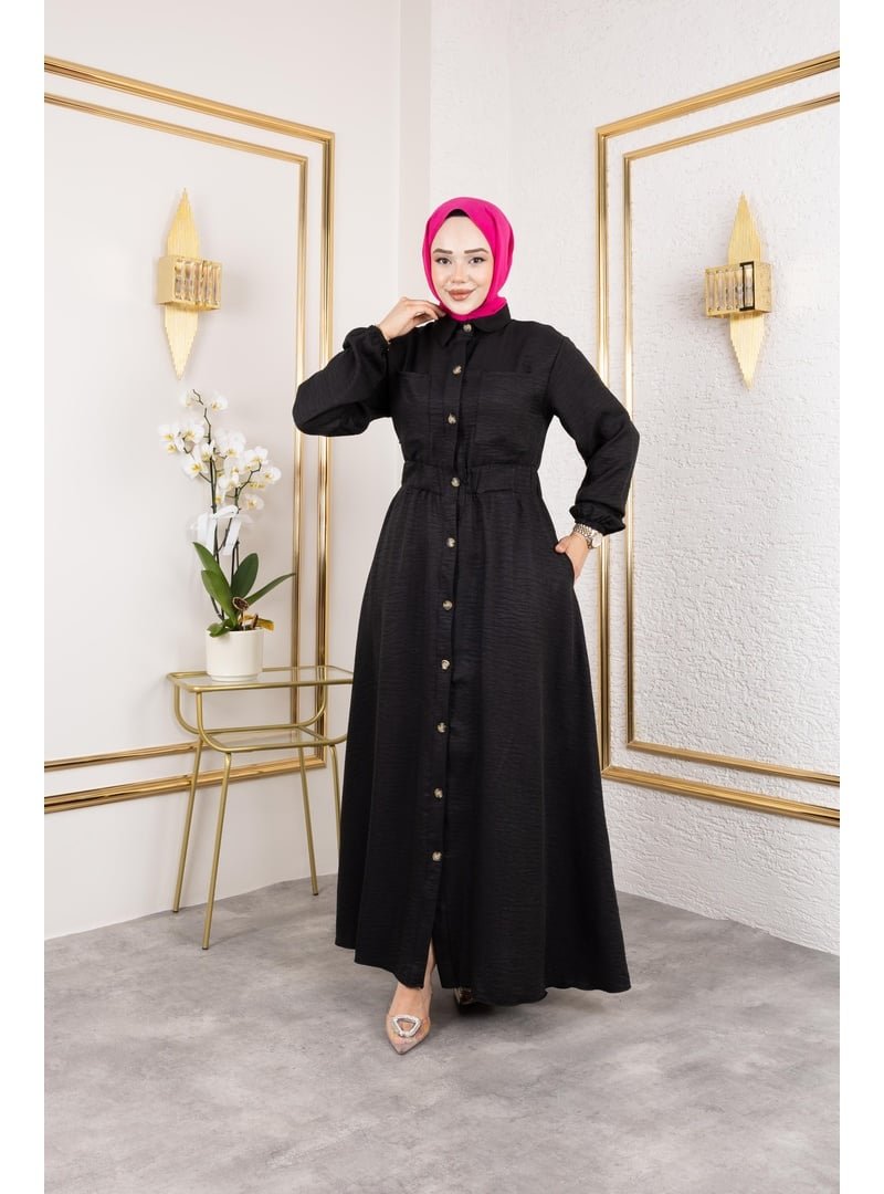 Harmatime butik Cep Detaylı Düğmeli Bel Lastikli Siyah Elbise
