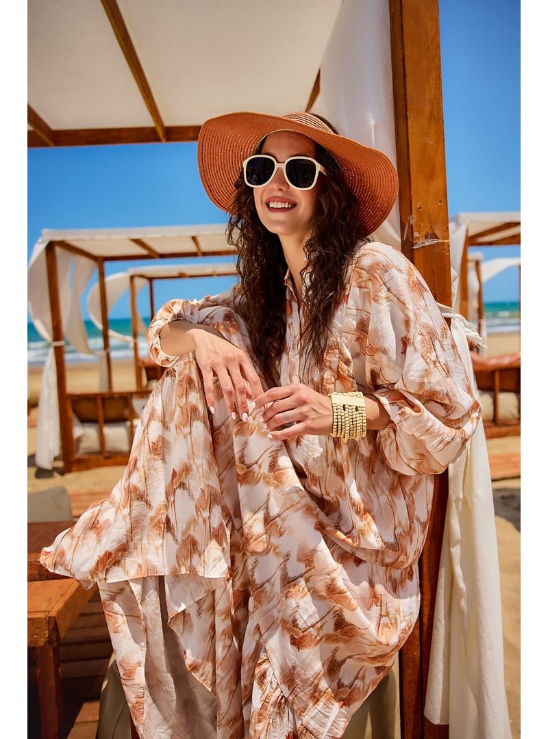 Locco Moda Kahverengi Fırça Desen Elbise