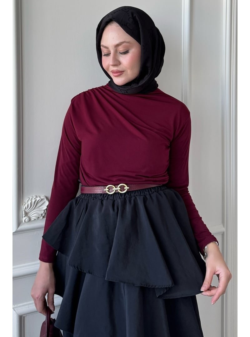 InStyle Omuzu Pileli Bordo Bluz