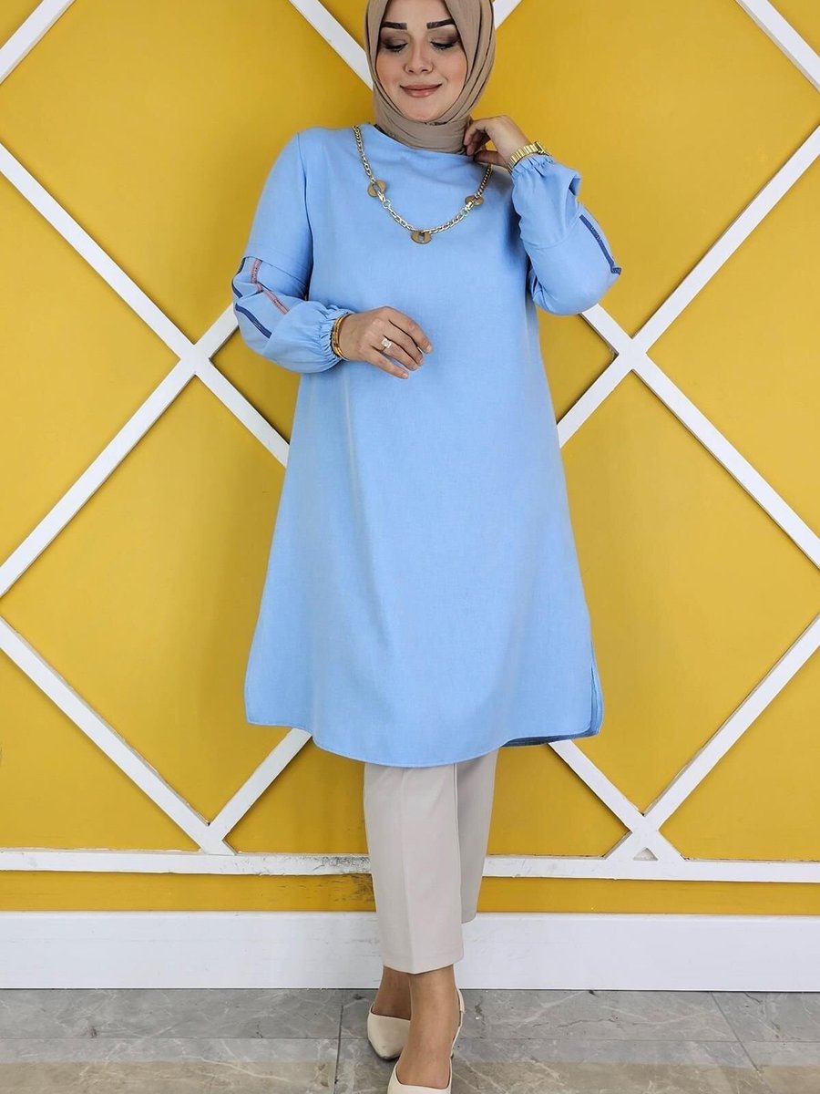 MYSTİL Buz Mavi Koları Detaylı Kolyeli Tunik
